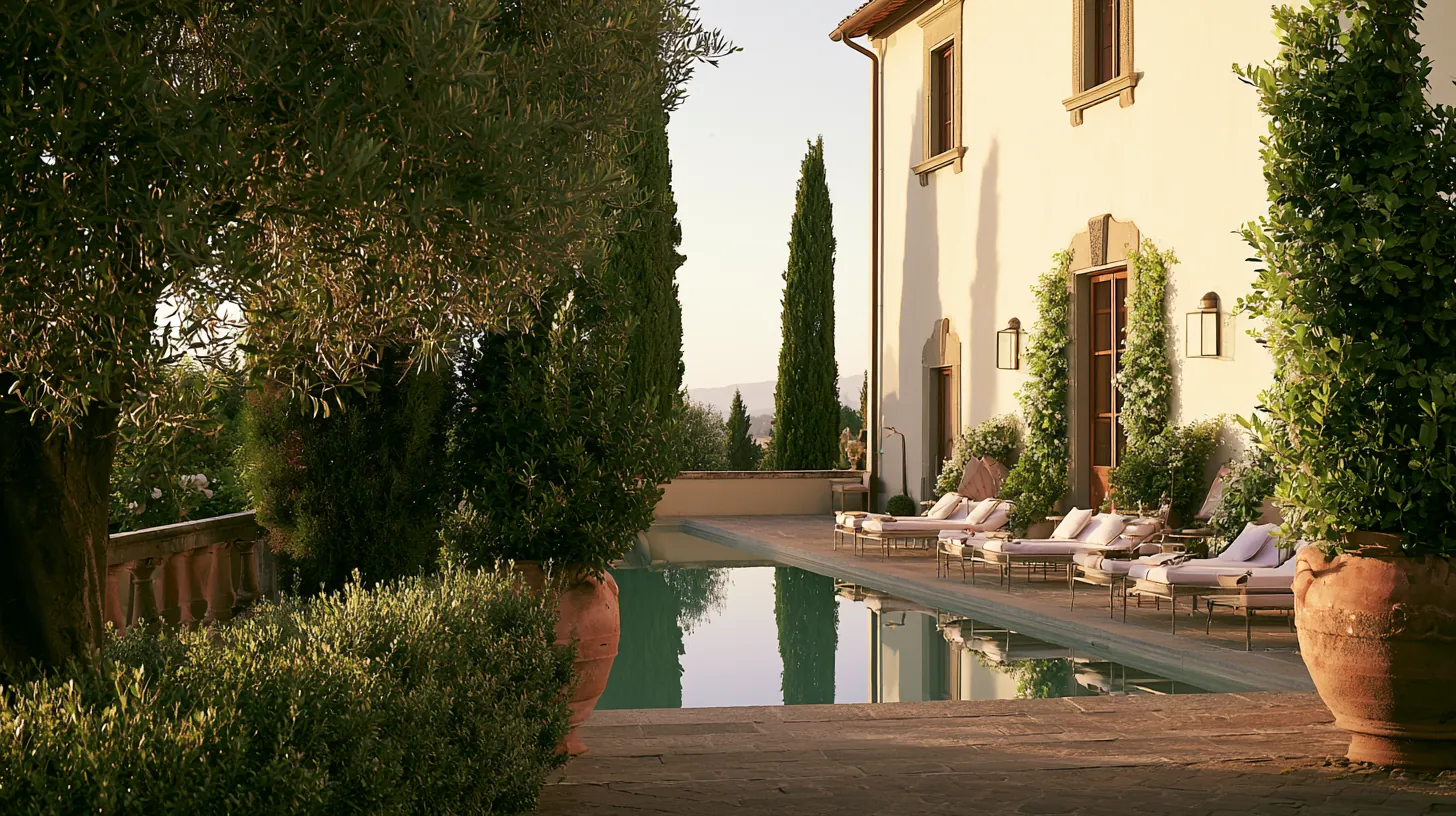 La piscina di Villa Luisa affacciata sui vigneti del Chianti al tramonto