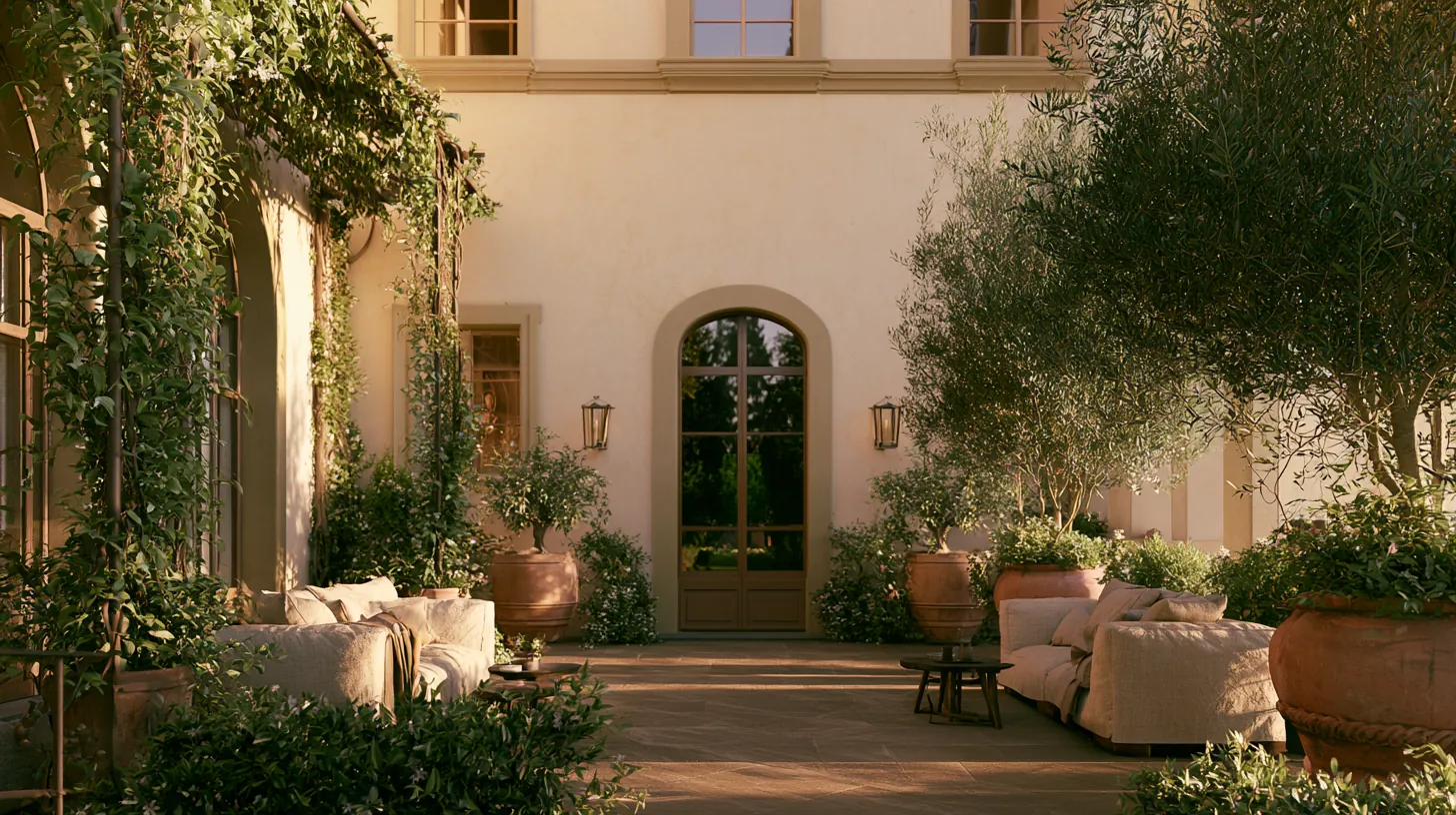 Il giardino della villa con divani e vasi di limoni al tramonto
