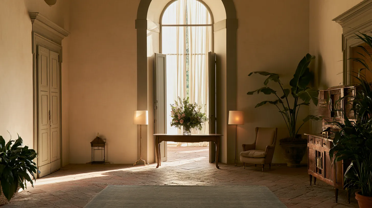 Il salone d'ingresso con portale ad arco e composizione floreale
